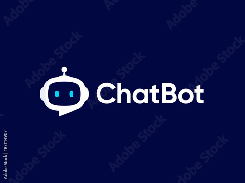 Robot head with speech bubble in laptop screen. Chatbot concept. Online communication with Chat Bot at laptop. Artificial customer support assistant. Vector illustration