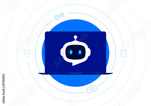 Robot head with speech bubble in laptop screen. Chatbot concept. Online communication with Chat Bot at laptop. Artificial customer support assistant. Vector illustration