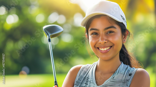  beautiful young Hispanic woman in her late teens smiles at the camera as she poses with golf equipment. She is wearing athletic wear and has dark hair pulled back into an updo style on a sunny day 