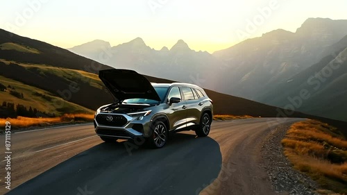 Side view of an SUV with its hood open, parked on a scenic mountain road. The background showcases breathtaking mountain vistas and winding roads, highlighting the theme of adventures photo