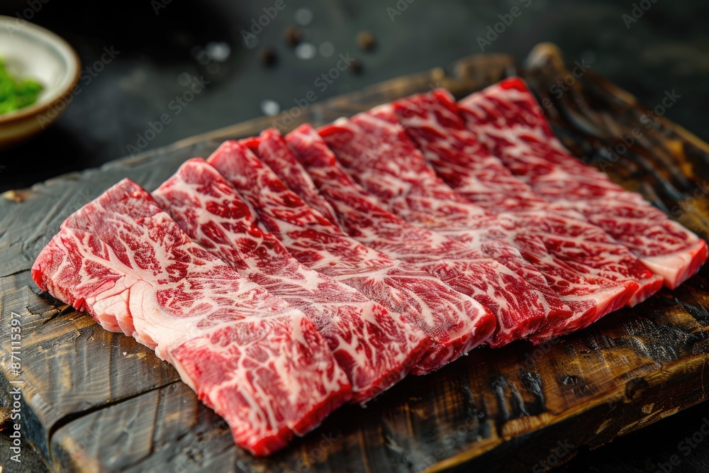 Steak Marbling. Flank Angus Beef Sliced on Wooden Board for BBQ Grill Recipe Steak Marbling. Flank Angus Beef Sliced on Wooden Board for BBQ Grill Recipe