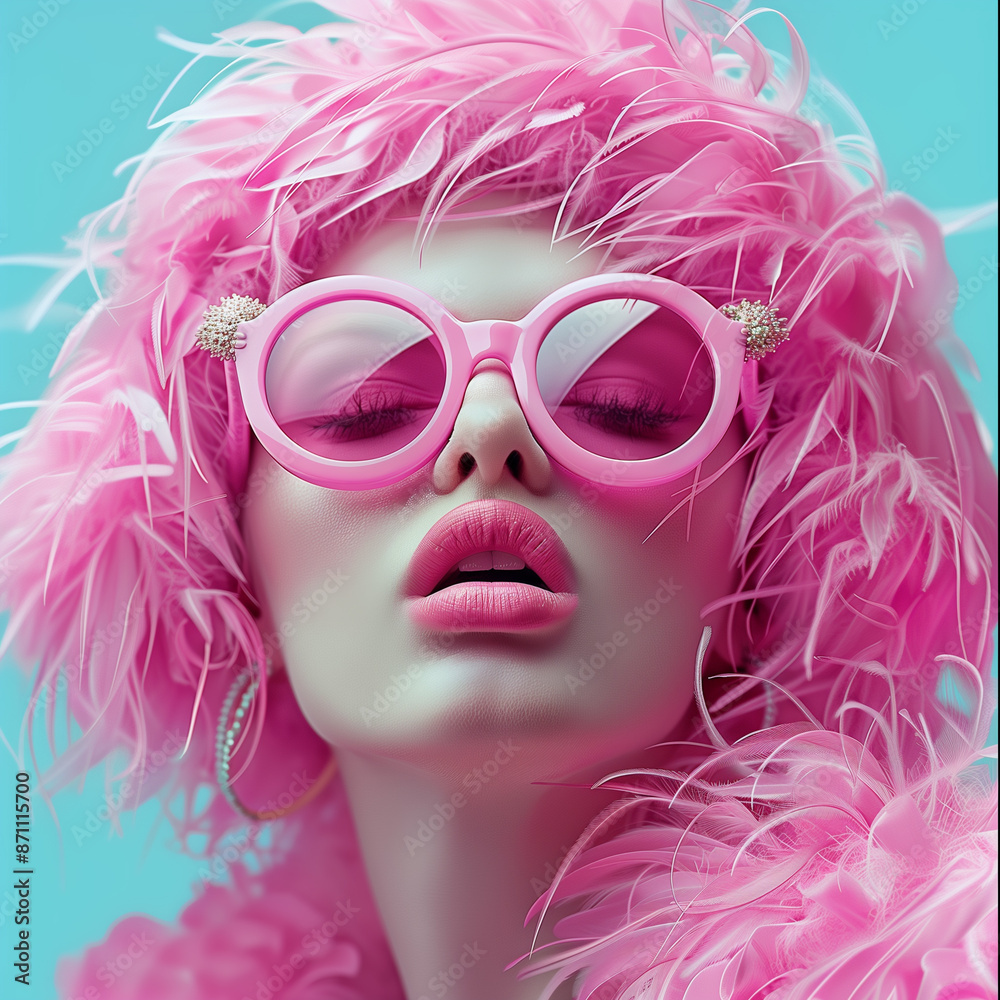 Obraz premium A woman wearing pink glasses and a pink hat with pink feathers