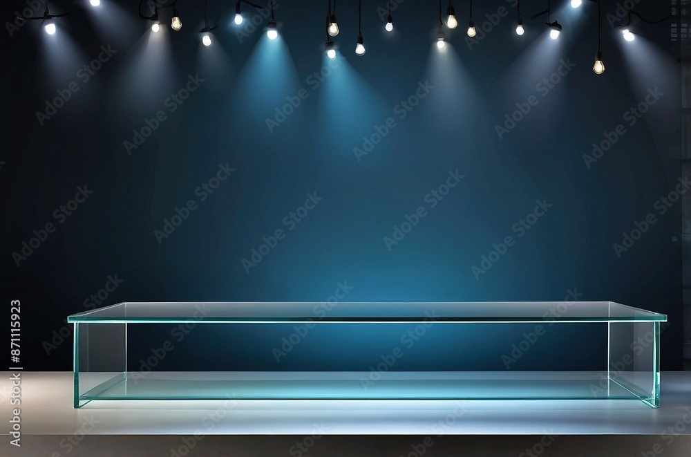 Empty glass table top with lights background. Template for product display Empty glass table top with lights background. Template for product display