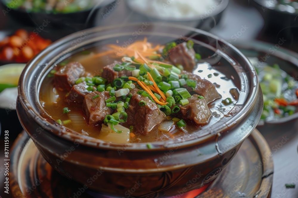 Beef tail soup in a ceramic bowl Beef tail soup in a ceramic bowl