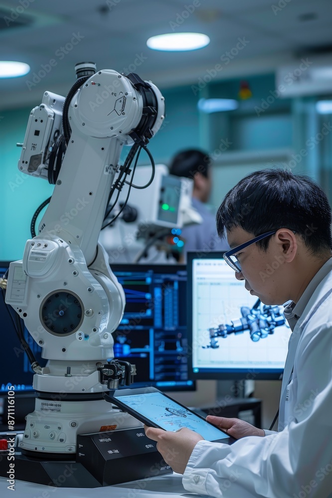 Engineer working with robotics and advanced technology in a laboratory setting Engineer working with robotics and advanced technology in a laboratory setting