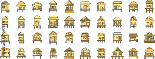 Bungalow icons set outline vector. African cabin. Beach cottage thin line color flat on white