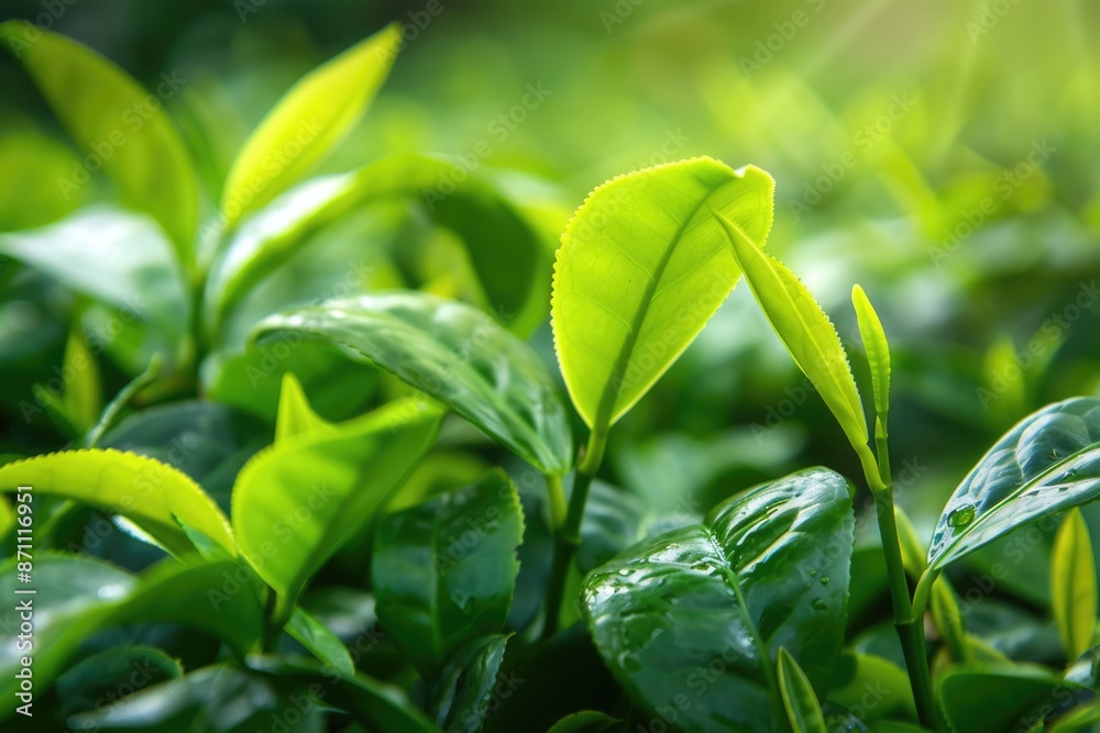 Ceylon Tea. Fresh Green Tea Plant in Close-up View, Organic and Healthy Herb Drink Ceylon Tea. Fresh Green Tea Plant in Close-up View, Organic and Healthy Herb Drink
