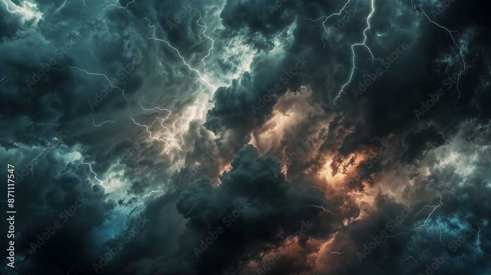 Obraz premium Thunderstorm background, lightning and clouds backdrop 