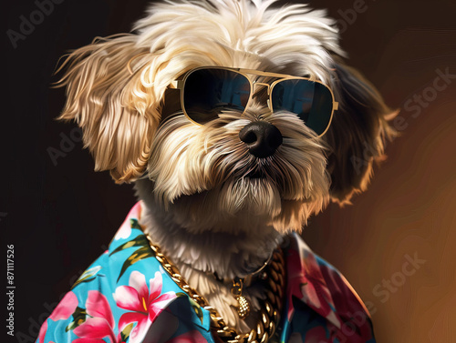 Photorealistic, miami vice style, Havanese, sunglasses, floral shirt, gold chain A cute white maltese dog in summer outdoors