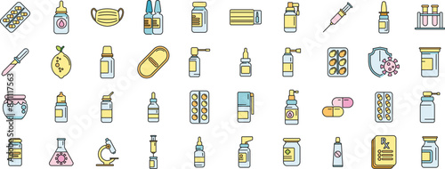 Antiviral medicines icons set outline vector. Covid syringe. Corona drug thin line color flat on white