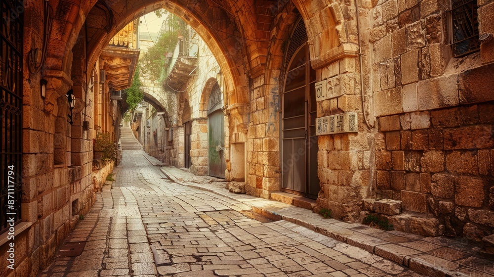 Fototapeta premium Jewish Jerusalem: Ancient Alley in the Historic Quarter with Antique Architecture and Cobbled Streets