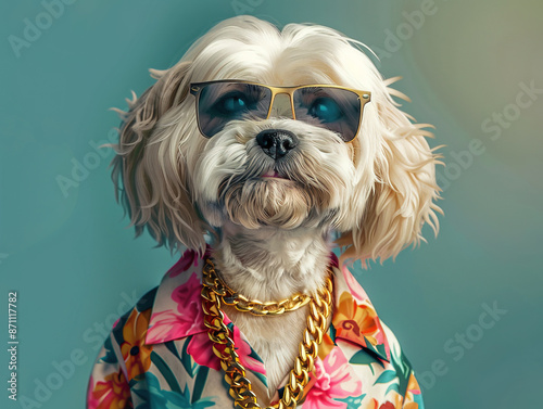 Photorealistic, miami vice style, Havanese, sunglasses, floral shirt, gold chain A cute white maltese dog in summer outdoors © Mister