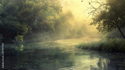 Serene Morning River in a Misty Forest with Sunlit Foliage and Graceful Birds © Derek