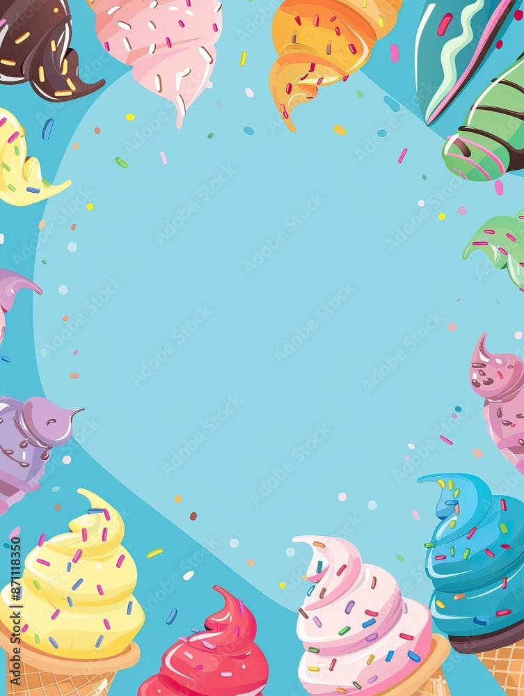 Summer season snack. Ice cream blue background with text space. Flat cartoon style ice cream. High quality AI generated image Summer season snack. Ice cream blue background with text space. Flat cartoon style ice cream. High quality AI generated image