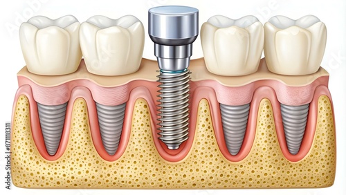 Bone grafting implant steps anatomy, teeth structure. Dental, tooth diagram. Bone titanium screw post, prosthetic crown, abutment, gum. Medical, periodontal. Vector illustration
