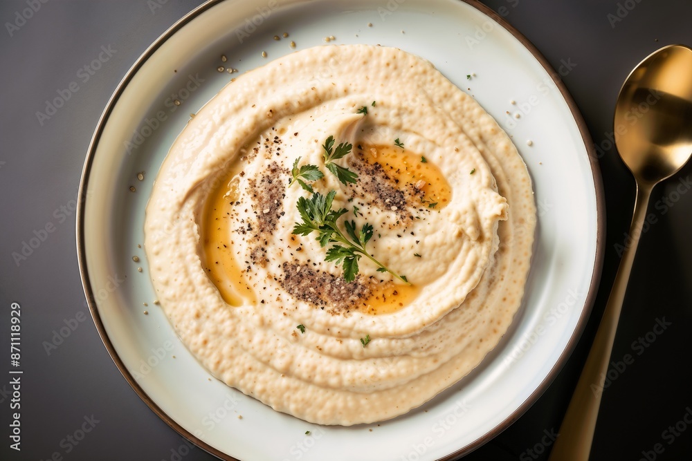 Creamy Hummus in a Bowl with Olive Oil and Herbs Garnish Creamy Hummus in a Bowl with Olive Oil and Herbs Garnish