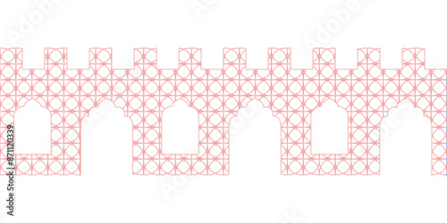 Arabian city wall with oriental lace pattern. Line ornamental seamless border with windows, arches