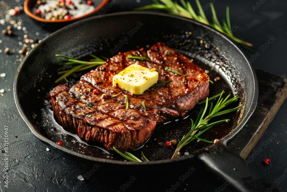 Beef tenderloin steak grilled with butter on dark background Beef tenderloin steak grilled with butter on dark background