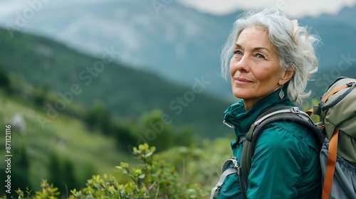 A woman with silver hair hikes a mountain trail, her backpack slung confidently over her shoulders. Lush greenery and a breathtaking vista in the distance defy stereotypes about aging.