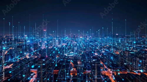 High-tech cityscape with holographic fiber internet line connections illustrating cutting-edge digital infrastructure. City skyline with futuristic holographic fiber internet connection.