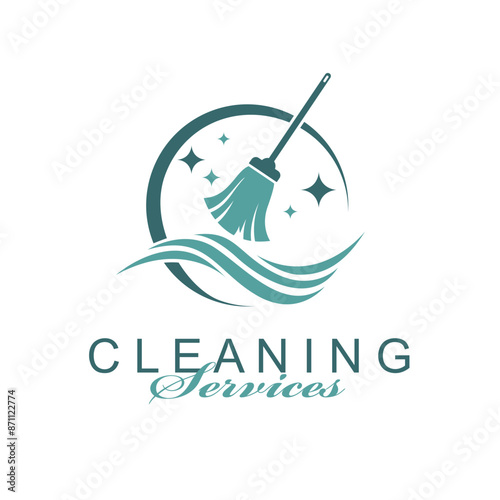 cleaning service design with broom and water splash isolated on white background