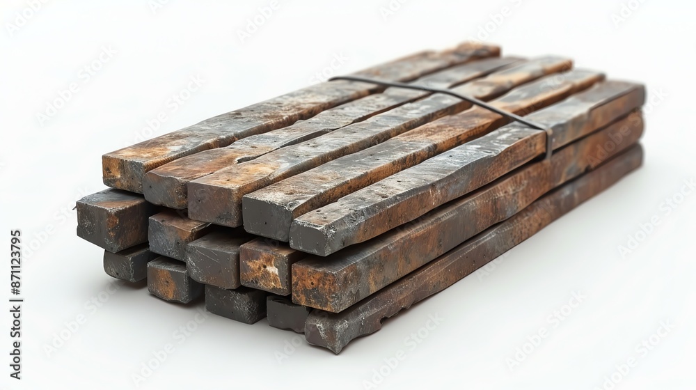 Bundle of flat iron bars stacked together on a white background, emphasizing the raw, rugged texture and industrial feel, suitable for construction and engineering visuals Bundle of flat iron bars stacked together on a white background, emphasizing the raw, rugged texture and industrial feel, suitable for construction and engineering visuals