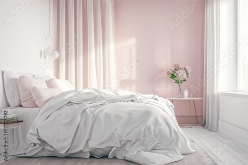 Elegant Bedroom with Soft Pink Accents. Generative AI.
