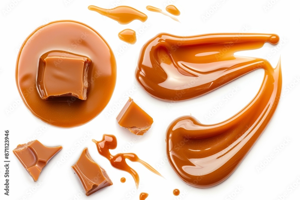 Caramel candies and sauce on white background viewed from above Caramel candies and sauce on white background viewed from above