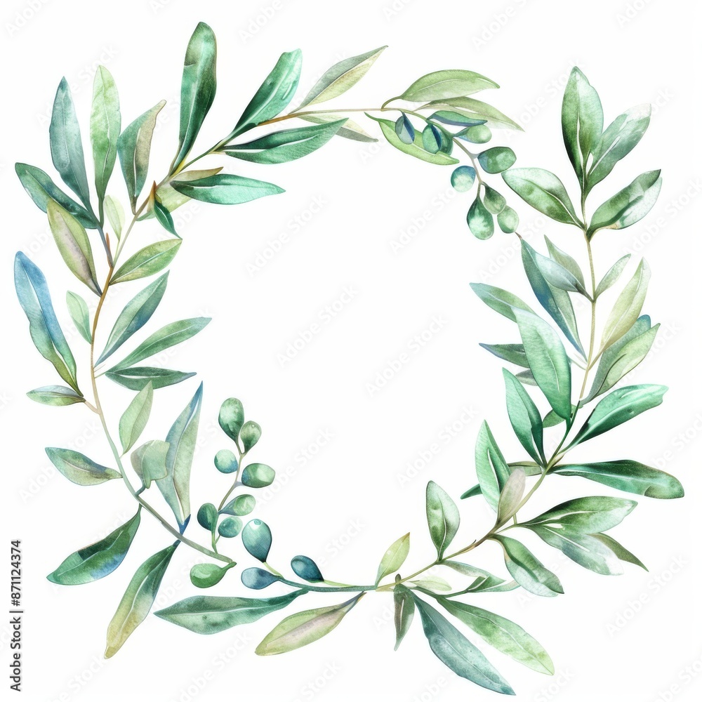 Watercolor wreath of green olive branches on a white background. For design of packaging, menu, posters, website, textiles, brochures, flyers, invitations. Round wedding or birthday invitation frame Watercolor wreath of green olive branches on a white background. For design of packaging, menu, posters, website, textiles, brochures, flyers, invitations. Round wedding or birthday invitation frame