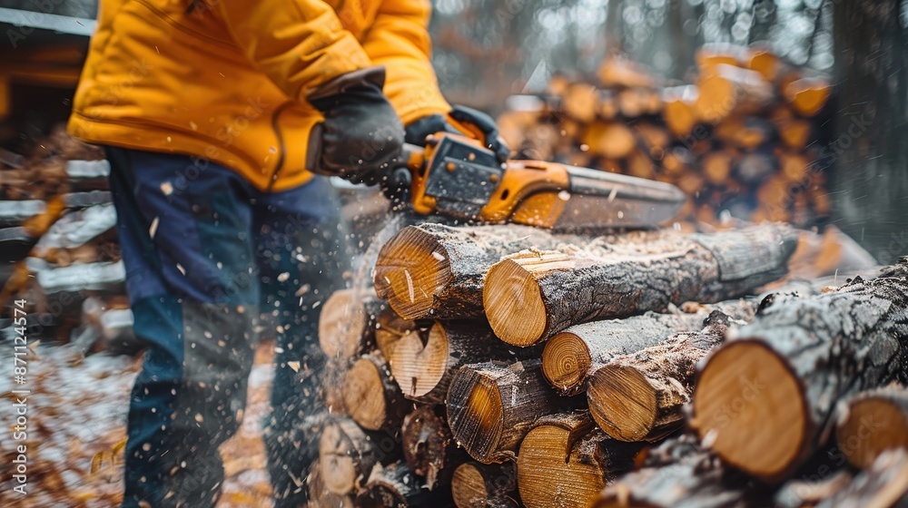 Fototapeta premium A person clad in an orange jacket is actively using a saw to cut through an arrangement of snow-covered wooden logs outdoors symbolizing hard work and cold conditions.