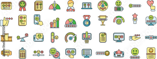 Satisfaction level icons set outline vector. Customer smile. Bad fail thin line color flat on white