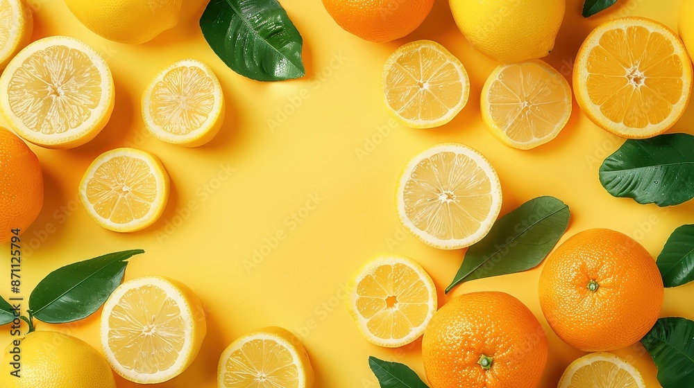 This bright and vibrant image showcases fresh lemons and oranges scattered on a yellow backdrop, with green leaves adding a natural touch and enhancing the citrus theme. This bright and vibrant image showcases fresh lemons and oranges scattered on a yellow backdrop, with green leaves adding a natural touch and enhancing the citrus theme.