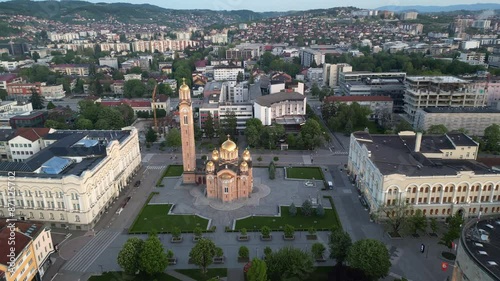 Establishing aerial video of Banjaluka, the capital of Republic of Srpska, Bosnia and Herzegovina. Panoramic view. photo