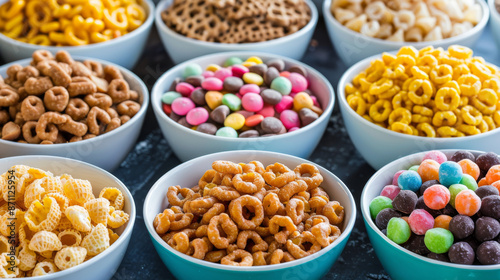 Assorted breakfast cereals in bowls on a table. Corn puffs, colorful loops, chocolate balls, and corn flakes.