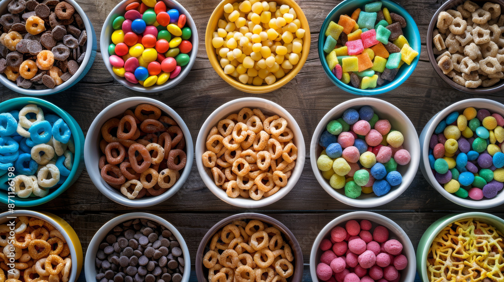 Assorted breakfast cereals in bowls on a table. Corn puffs, colorful loops, chocolate balls, and corn flakes. Assorted breakfast cereals in bowls on a table. Corn puffs, colorful loops, chocolate balls, and corn flakes.