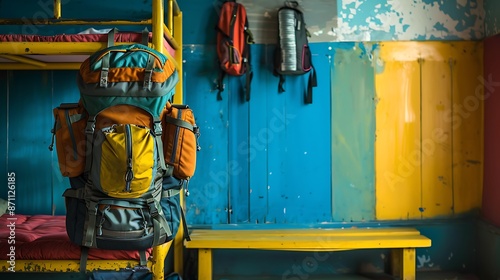 A worn backpack overflowing with mismatched travel essentials rests on a brightly colored hostel bunk bed, hinting at a long journey