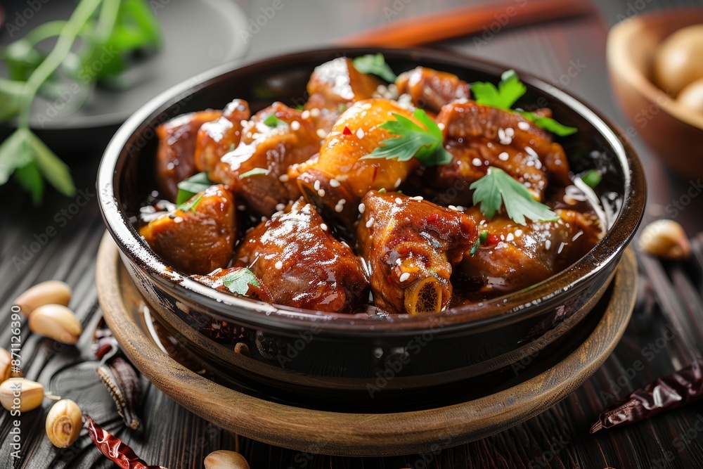 Chinese style pork leg stew with sweet gravy sauce Toned photo with focus on dish Chinese style pork leg stew with sweet gravy sauce Toned photo with focus on dish