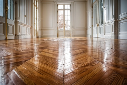 Luxury classic interior of a room with parquet floor.