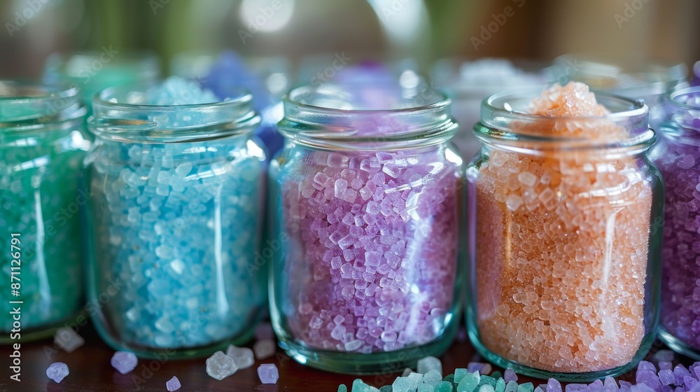 Colorful Bath Salts in Glass Jars on a Tabletop Colorful Bath Salts in Glass Jars on a Tabletop