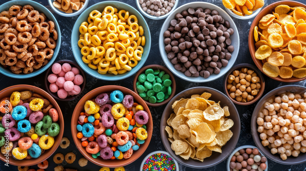 Assorted breakfast cereals in bowls on a table. Corn puffs, colorful loops, chocolate balls, and corn flakes. Assorted breakfast cereals in bowls on a table. Corn puffs, colorful loops, chocolate balls, and corn flakes.