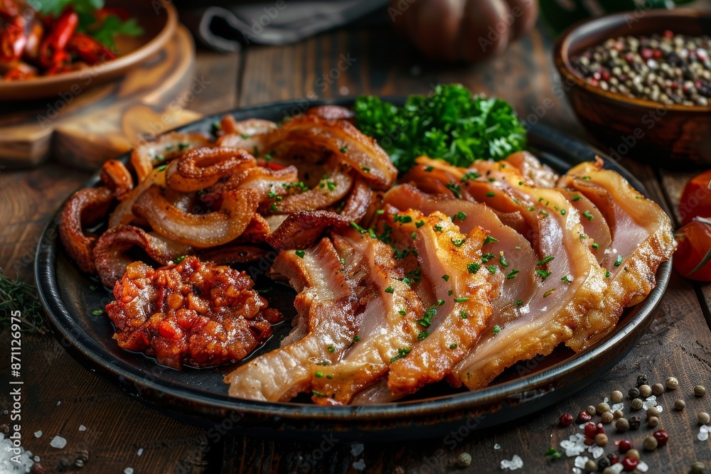 Classic Balkan dish fried pork skin crispy ears and cvarci Classic Balkan dish fried pork skin crispy ears and cvarci