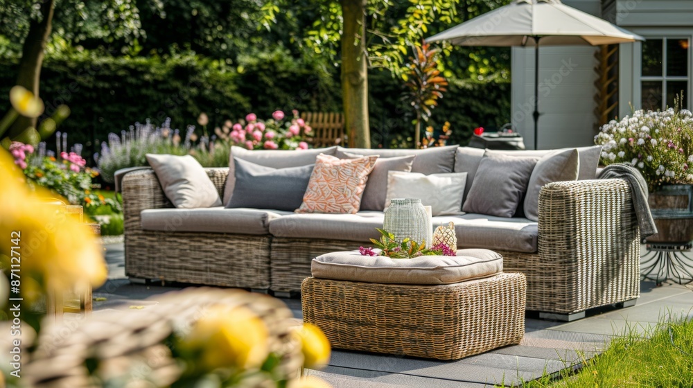 Wicker Patio Furniture With Cushions in a Lush Backyard Setting Wicker Patio Furniture With Cushions in a Lush Backyard Setting