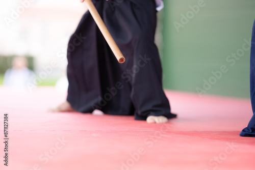 japanese martial arts bojutsu with the help of wooden stick weapons 