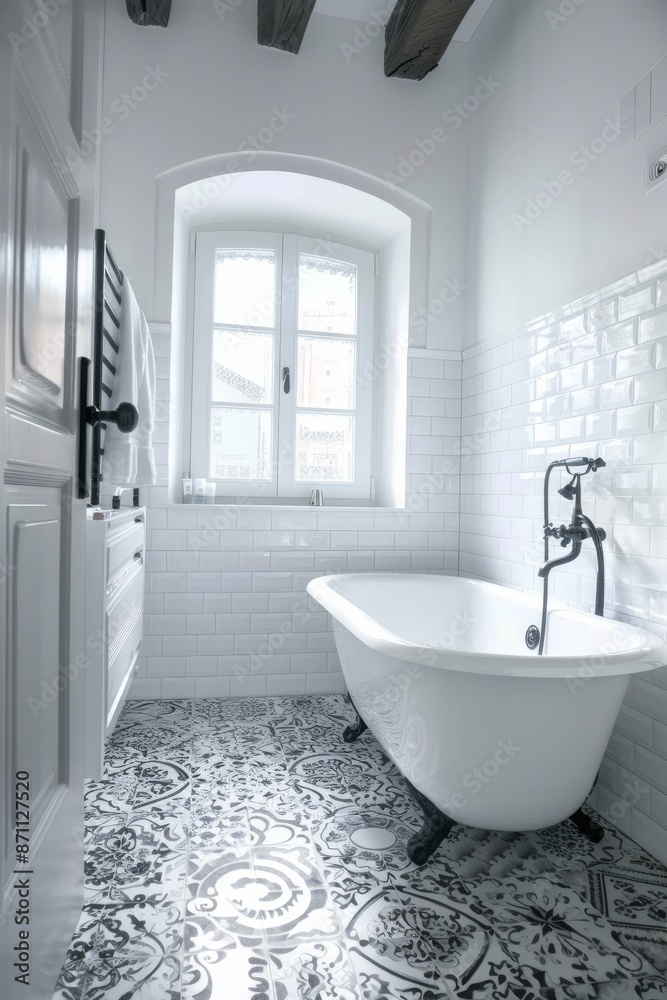 Bathroom interior in classic style with white tiled floor and white bathtub Bathroom interior in classic style with white tiled floor and white bathtub
