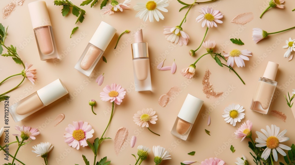 Foundation Bottles and Daisies on a Peach Background Foundation Bottles and Daisies on a Peach Background