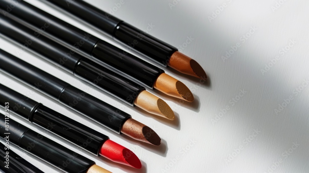 A Row Of Black And Colored Makeup Sticks On A White Surface A Row Of Black And Colored Makeup Sticks On A White Surface