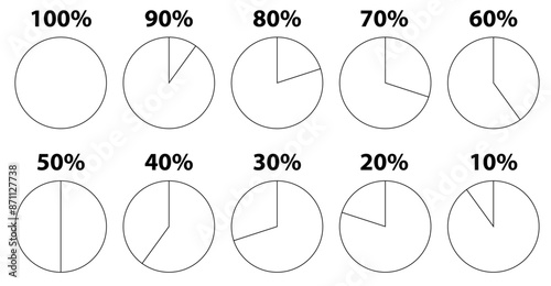 Set of fractions icons Percentage illustration circle pie parts from one tenth to whole fractions portion concept definition of unit fraction circle fraction pie isolated on white background