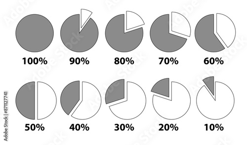 Set of fractions icons Percentage illustration circle pie parts from one tenth to whole fractions portion concept definition of unit fraction circle fraction pie isolated on white background