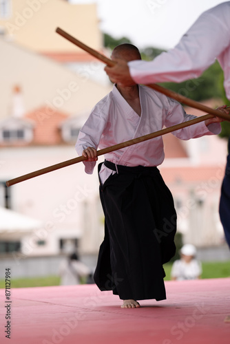 japanese martial arts bojutsu with the help of wooden stick weapons 