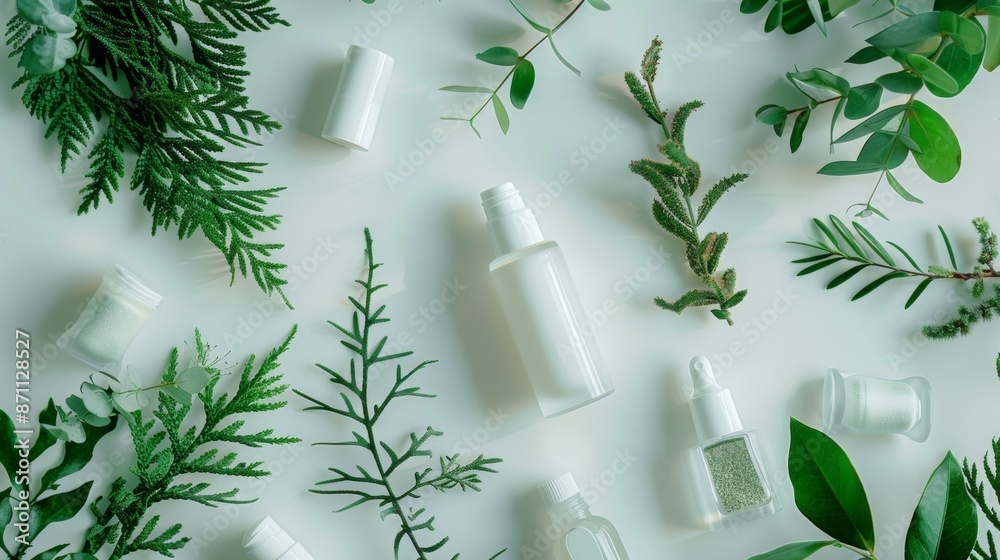 White Bottles and Greenery on White Background White Bottles and Greenery on White Background